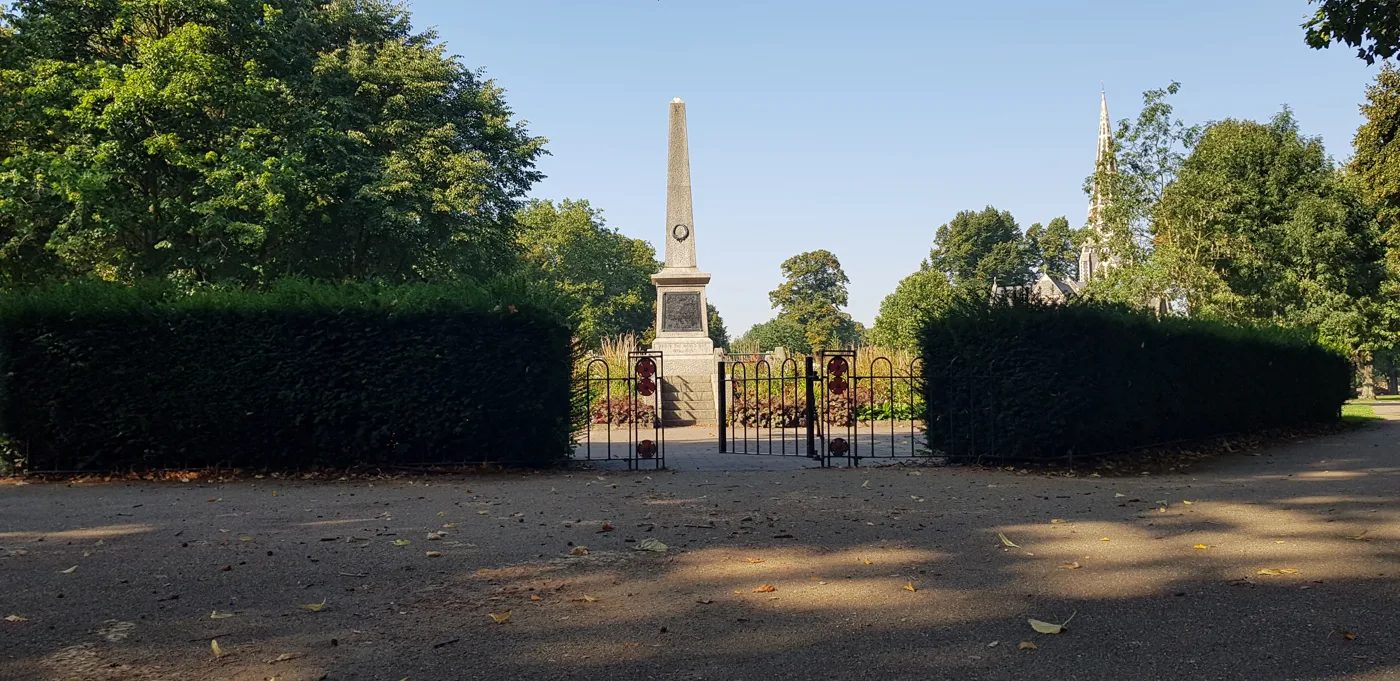 Chiswick War Memorial on Turnham Green, the cenotaph the Chiswick parade marches to. The photograph was taken in August and does not show a Remembrance Sunday service.